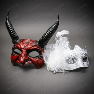 Red Devil Horn Demon Mask & White Tulle Glitter Masquerade Couple Mask Set